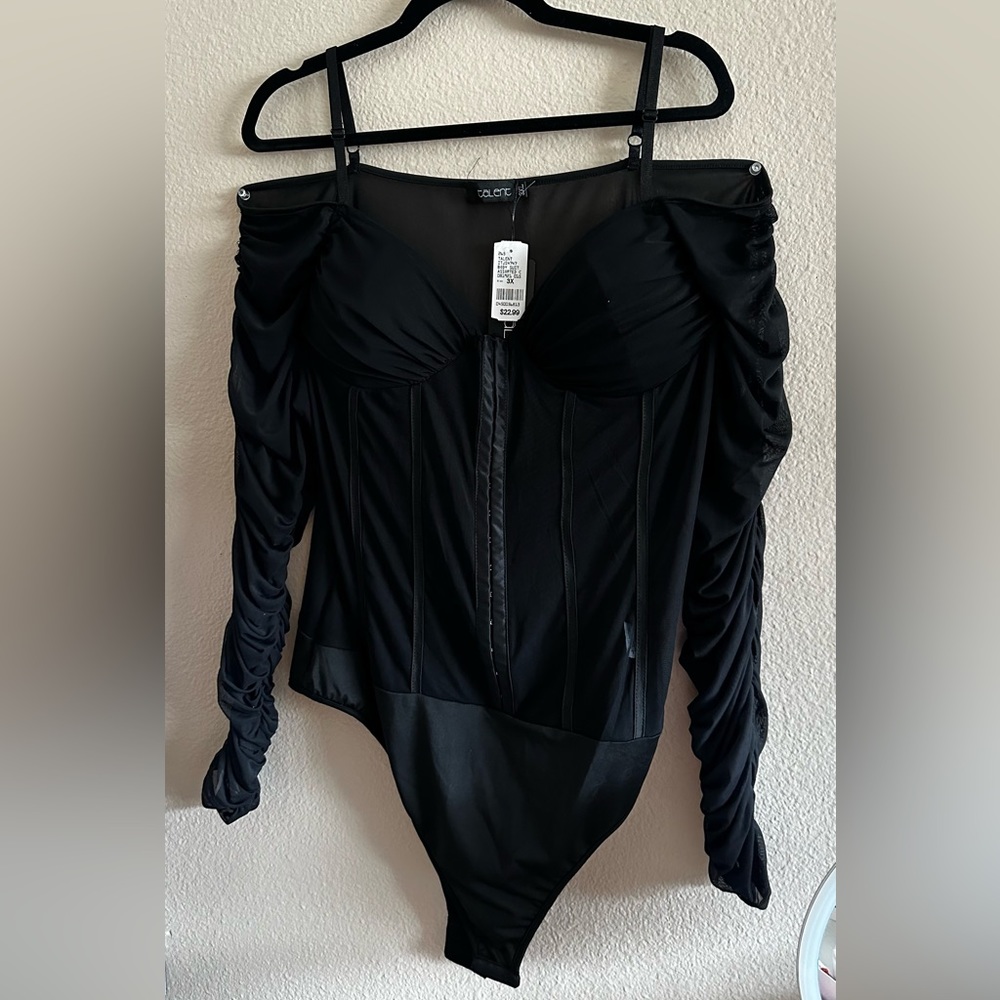 Black Sheer Corset Long Sleeve Bodysuit